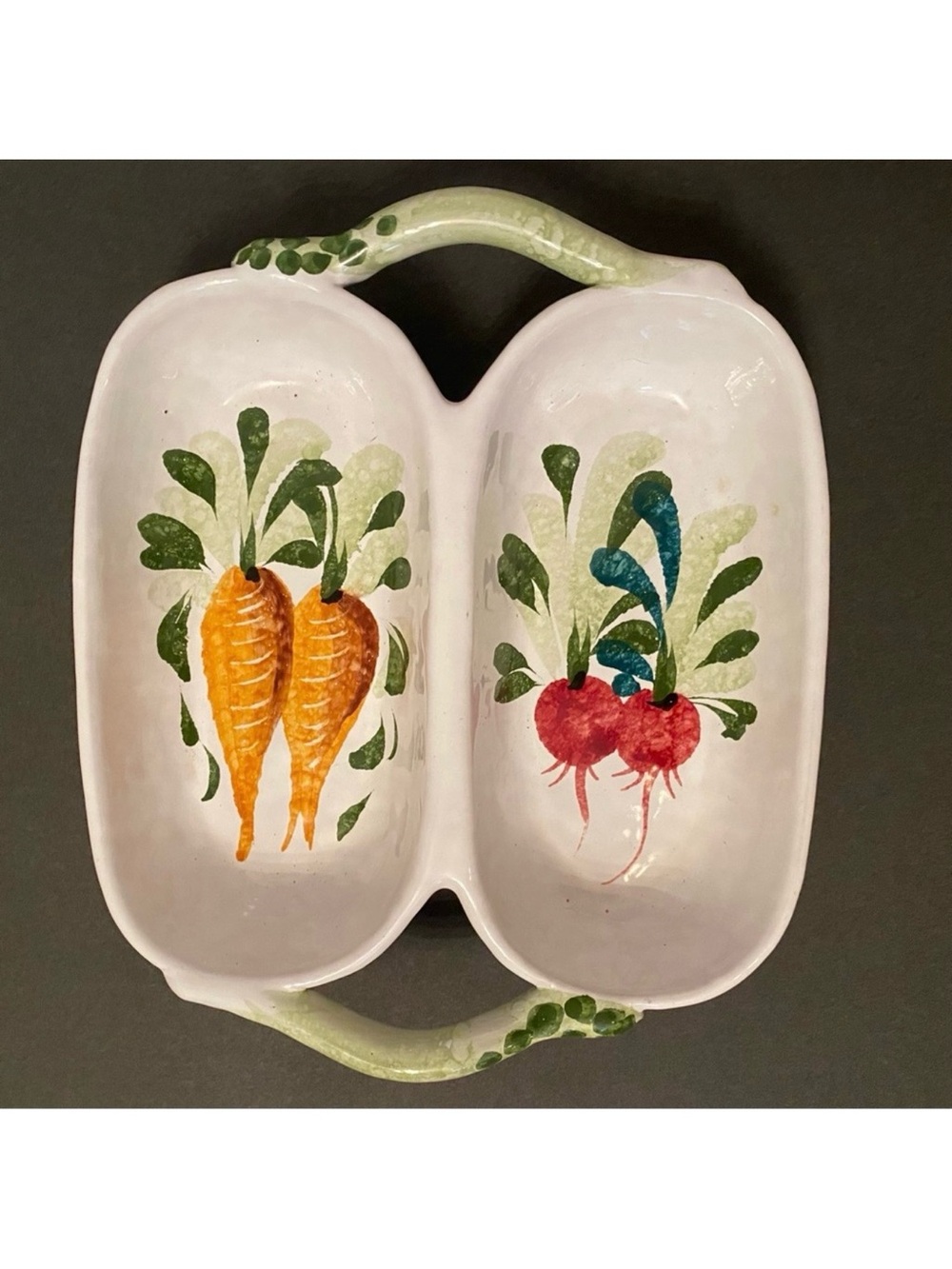 ITALY SERVE WARE DIVIDED DISH WHITE GREEN HAND PAINTED POTTERY CARROT RADISH